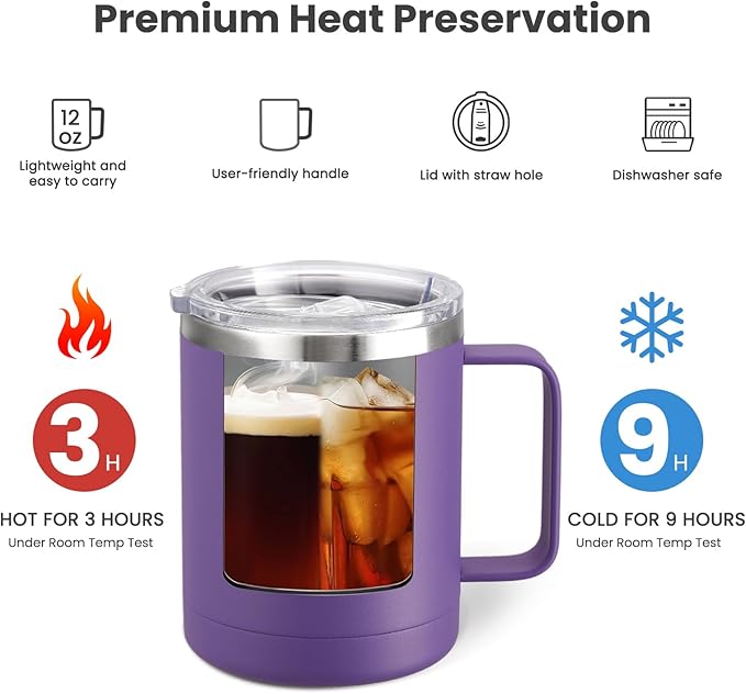 MEWAY 12oz Coffee Mug With Handle 2 Pack Bulk, Stainless Steel Insulated Travel