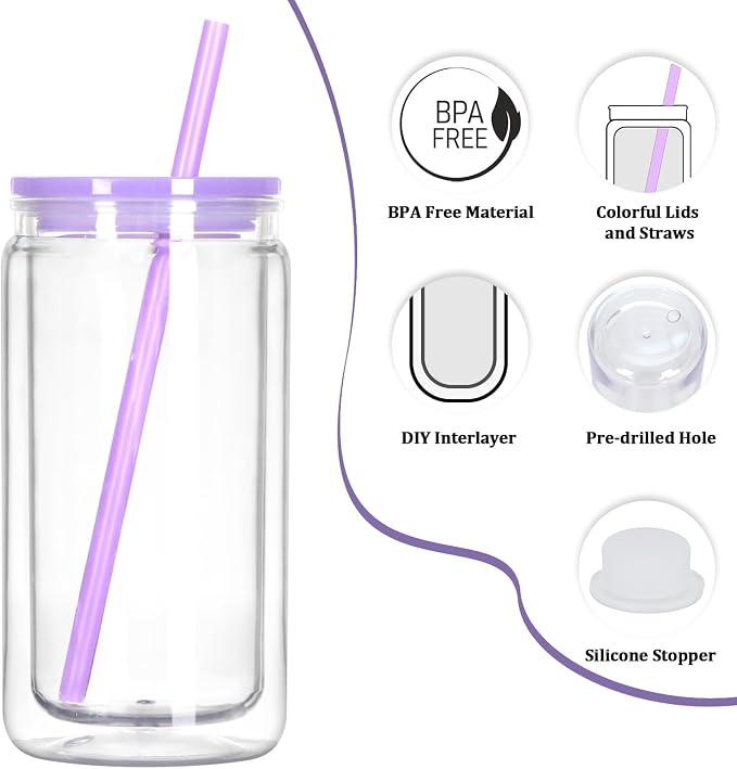 8 Pack Plastic Snow Globe Tumbler, 16 Oz Double Wall Plastic Can