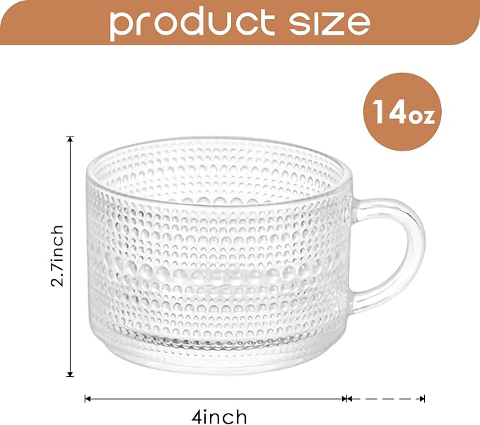 6 Pcs Vintage Coffee Mugs Clear Embossed Glass Cups