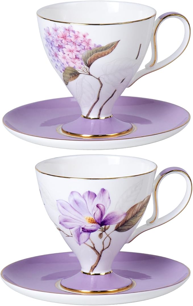 KAMMAK Tea Cups Set of 2, Ceramic Floral Pattern Demitasse Cup | Porcelain