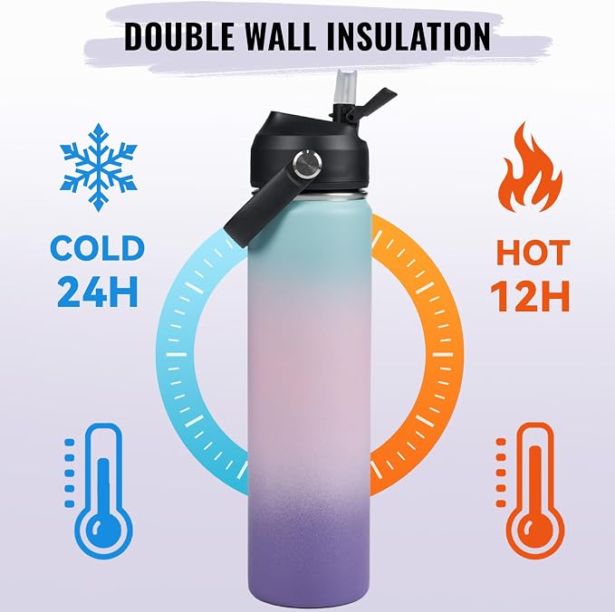 Fijinhom 24oz Insulated Stainless Steel Water Bottle, Wide Mouth Double Wall