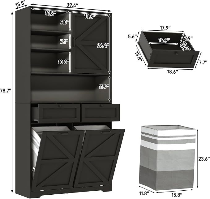 78" Tall Tilt-Out Double Doors Laundry Cabinet Hamper w Hidden Laundry