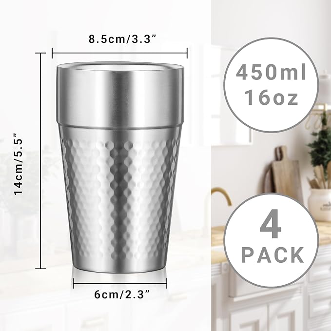 Stainless Steel Double Wall Cup, 16 oz Insulated Tumbler, 4 Pack Unbreakable