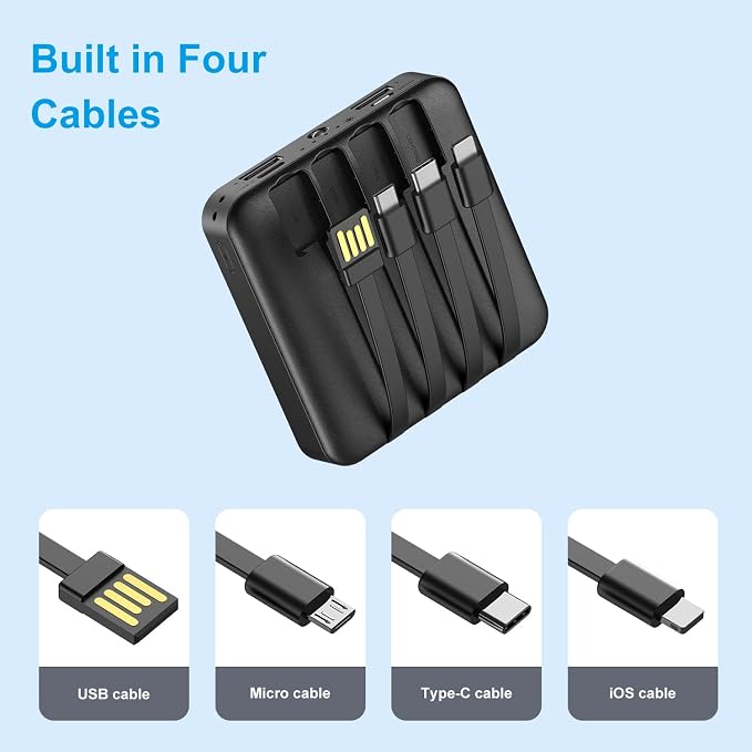 Solar Power Bank 12000mAh, Small Solar Charger Built in 4 Cables, USB C