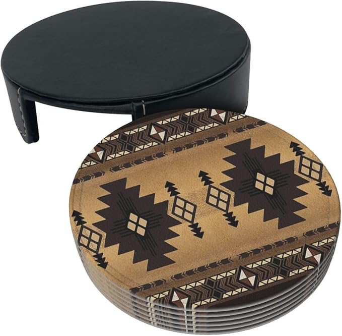 6 Pcs Brown Western Southwest Modern Geometric Abstract Art Leather Coasters