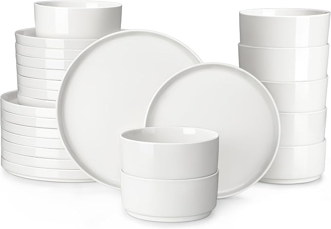 MALACASA 24 Pieces Porcelain Dinnerware Set, Modern White Dish Set