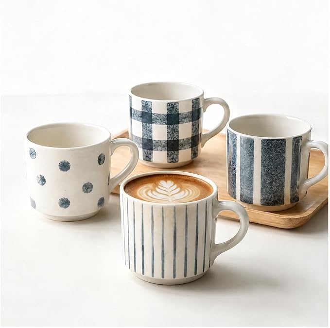 Pilnocok Ceramic Coffee Mugs Set of 4, 10 oz Blue and White Pattern Cups |