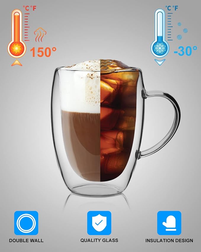 LIBWYS 12oz Double Walled Coffee Cups Glasses Mugs, Borosilicate Glass 2Pcs |