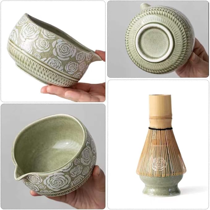 Matcha Whisk Set, 7-Pc Ceramic Matcha Bowl Kit, Bamboo Whisk, （Rose Green） |