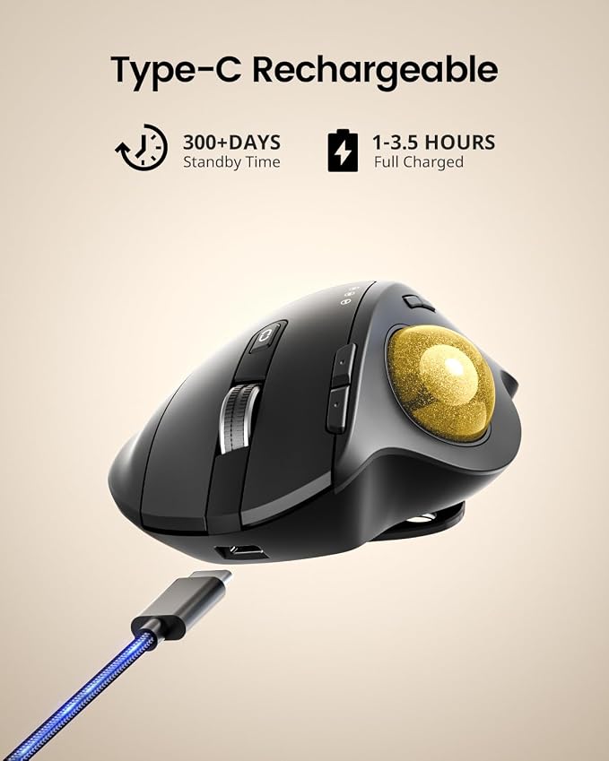 ProtoArc Wireless Trackball Mouse, EM01 NL Ergonomic Bluetooth Rollerball Thumb