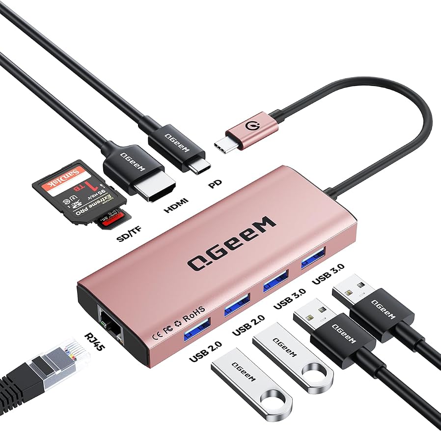 QGeeM USB C Hub Ethernet, 9 in 1 USB Type C Hub HDMI Multi-Port Converter