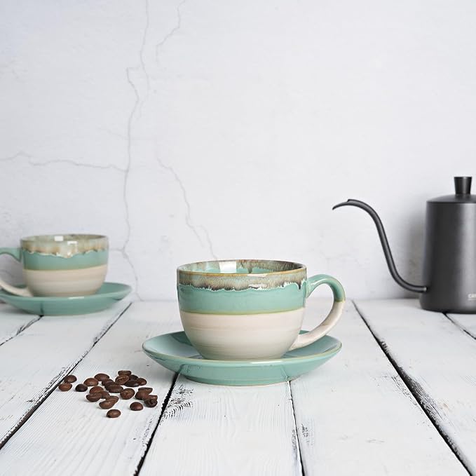 Bosmarlin Ceramic Cappuccino Cup and Saucer Set of 2, 10 Oz, Coffee Cups