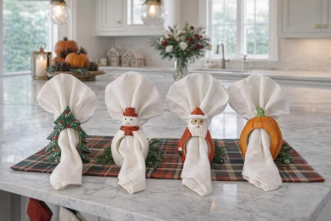 Set of 4 Hand-Carved Wooden Holiday Napkin Rings, Christmas Tree, Pumpkin &