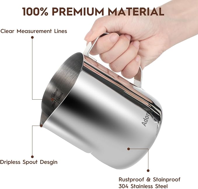 Milk Frothing Pitcher, 20oz Steaming Pitcher Stainless Steel Espresso Machine