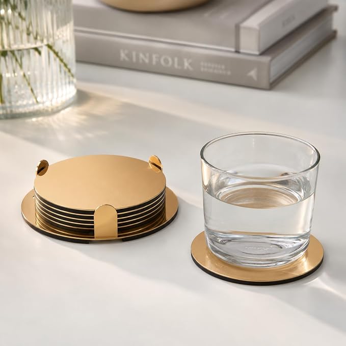 IKEA Glattis Coasters With Holder Brass Color 6 pack Size 3" 503.430.05