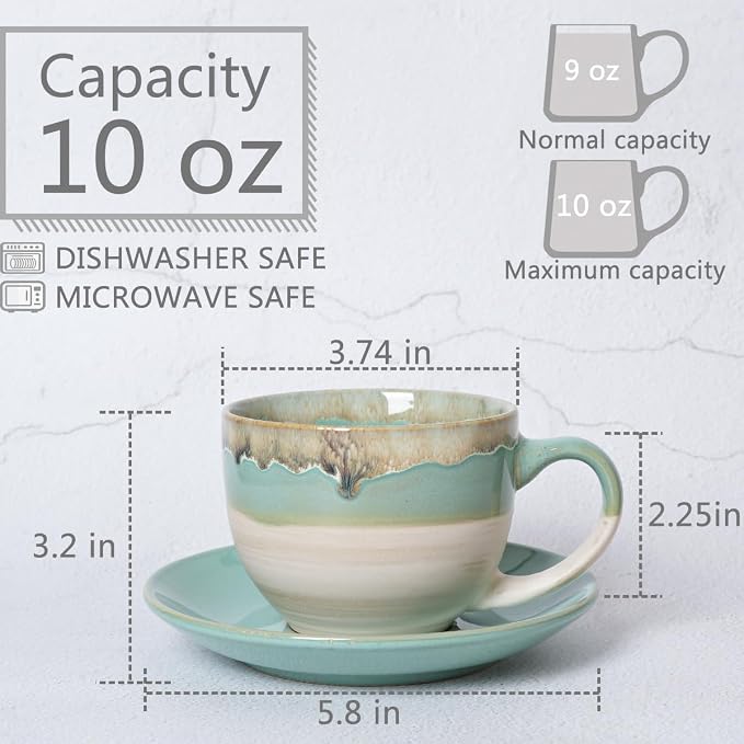 Bosmarlin Ceramic Cappuccino Cup and Saucer Set of 2, 10 Oz, Coffee Cups
