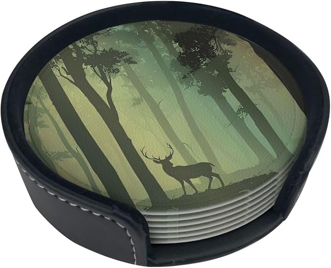 6 Pcs Deciduous Forest Bird Deer Leather Coasters