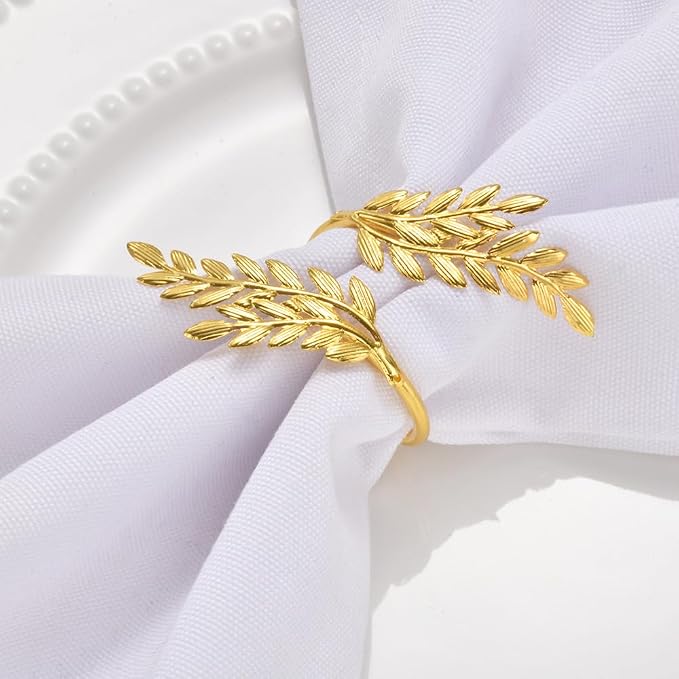 14K Gold Napkin Rings Set of 12, Metal Gold Leaf Napkins Rings Holder Buckles