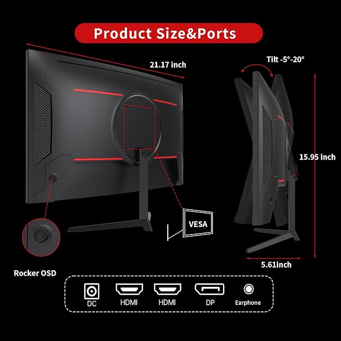 KTC 24 inch 1500R Curved Gaming Monitor 165Hz 1ms FHD 1080p VA Tilt Adaptive