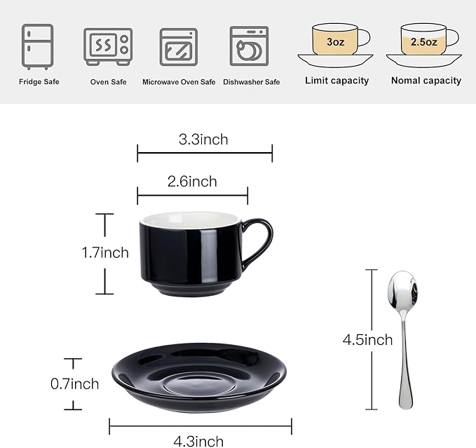 2.5 OZ Stackable Espresso Cups Set of 4, Porcelain Espresso Cups | Black Coffee