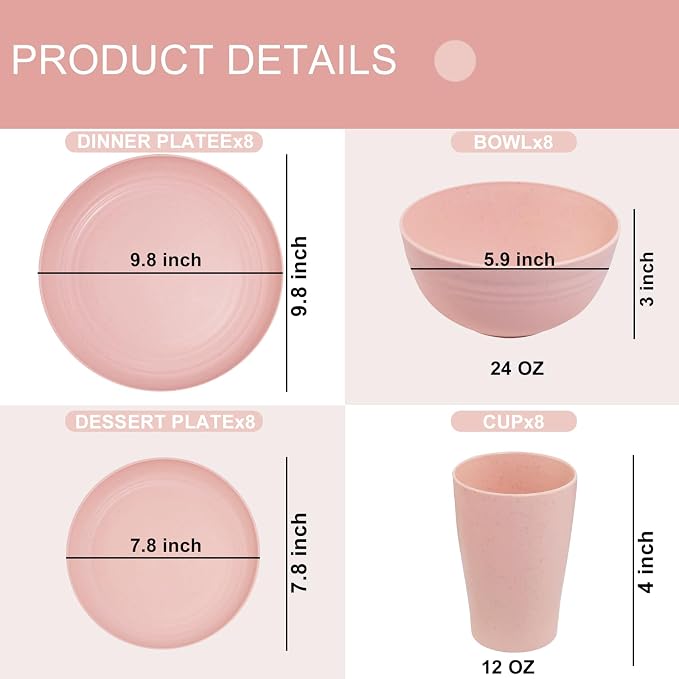 32Pcs Pink Plates and Bowls Sets