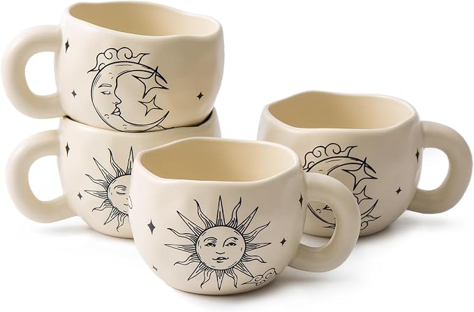 4pcs Boho Style Ceramic Moon and Sun Mugs, 9.4OZ Cute Coffee Cup Set, Matte