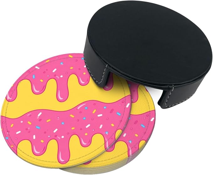Pop Art Sweet Donut Leather Coasters Set of 6