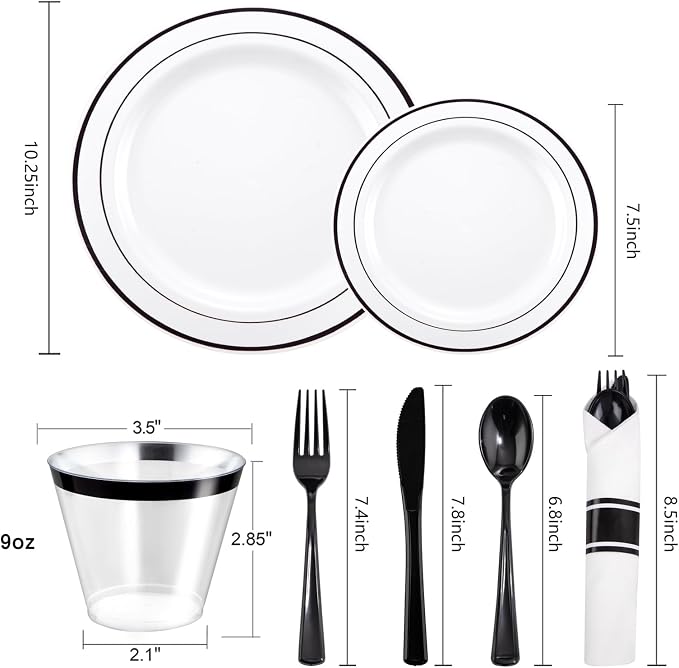 WELLIFE 210Pcs Black Plastic Dinnerware