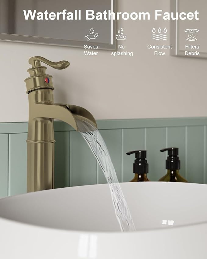 Vessel Sink Faucet Brushed Gold Waterfall Bathroom Sink Faucet Single