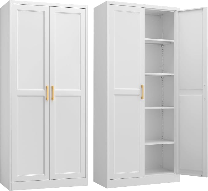 Kitchen Pantry Cabinet, 71”White Metal Pantry Storage Cabinet