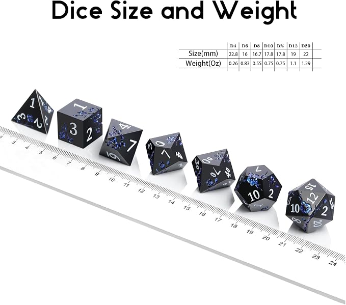 Glitter Blue D&D Metal Dice, DNDND 7 PCS Flower Metallic DND Dice Set