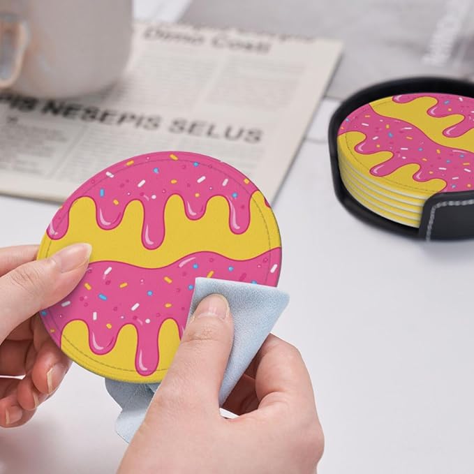 Pop Art Sweet Donut Leather Coasters Set of 6