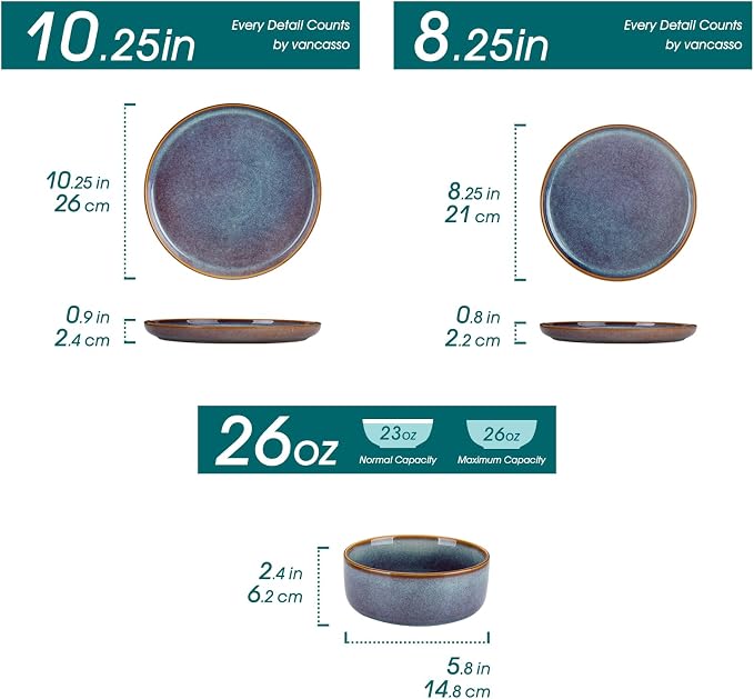 vancasso PLAYA Plates and Bowls Sets, 12 Pieces Grey-Blue Dinnerware Sets