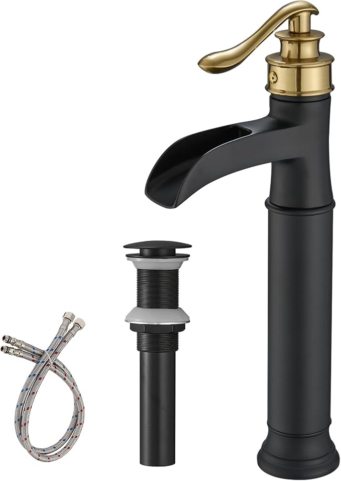 Waterfall Vessel Sink Faucet Black and Gold Bathroom Faucet 1 Hole