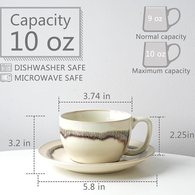 Bosmarlin Ceramic Cappuccino Cup and Saucer Set of 2, 10 Oz, Dishwasher and