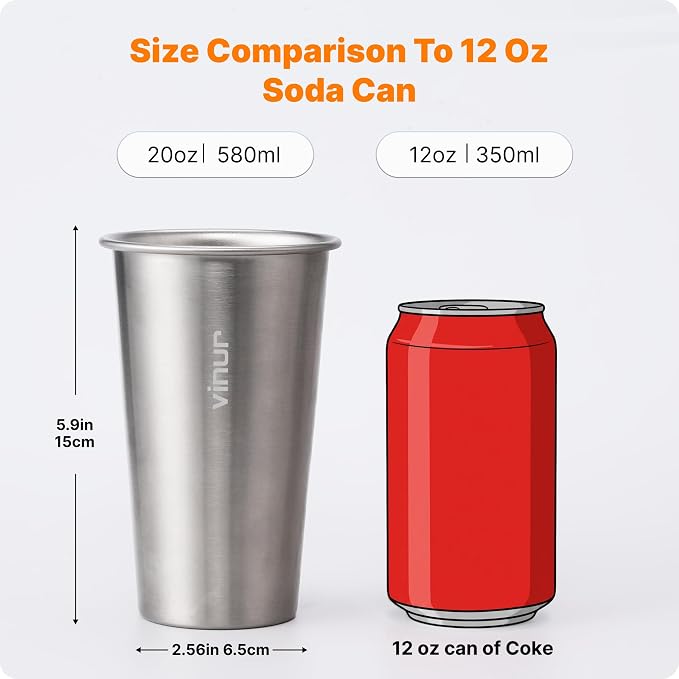 VINUR Stainless Steel Cups-20 oz Stackable Metal Drinking Glasses 8 Pcs | 20 oz