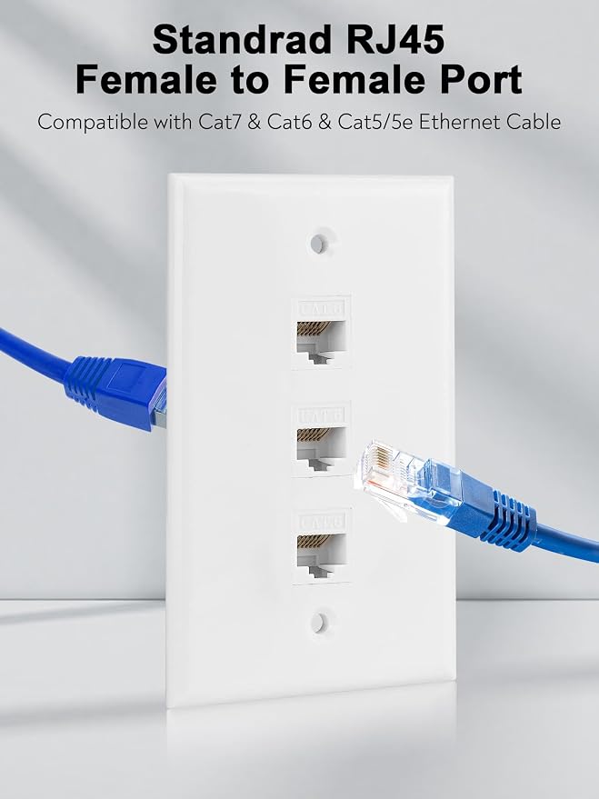 Ethernet Wall Plate, 3 Port Cat6 RJ45 Keystone Inline Coupler Wall Plate