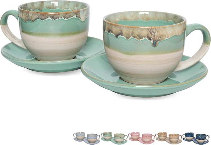 Bosmarlin Ceramic Cappuccino Cup and Saucer Set of 2, 10 Oz, Coffee Cups