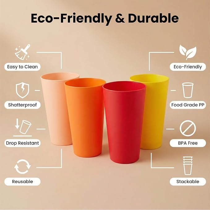 32 oz Plastic Cups Large Reusable set 12, Plastic Tumblers Sunset | Food Grade