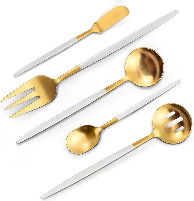 VANVRO Matte White Gold Serving Silverware Set, 5-Piece Round Shared Utensils