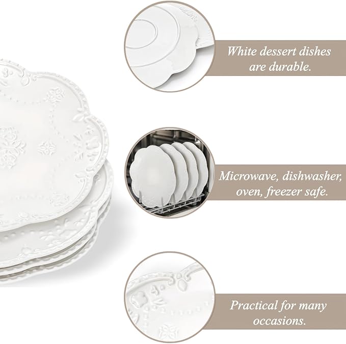 Tebery Set of 4 Ceramic Dinner Plate, 10.5 Inch Large Embossed Lace Salad