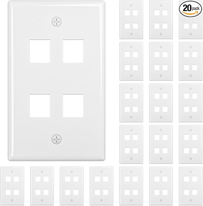 FGB 4-Port Keystone Wall Plate 20-Pack, Low-Profile Single Gang Wall Plates