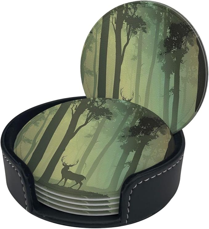 6 Pcs Deciduous Forest Bird Deer Leather Coasters