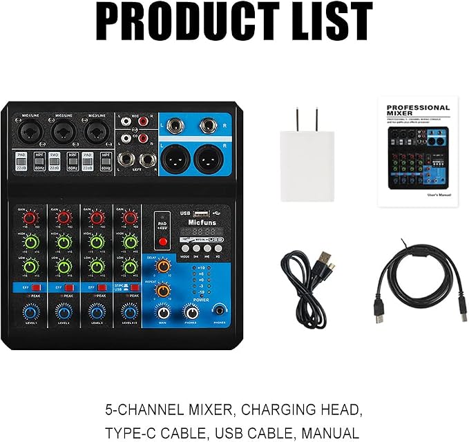 Mini audio DJ mixer Sound Board Console System, 5 Channel 48V Phantom Power