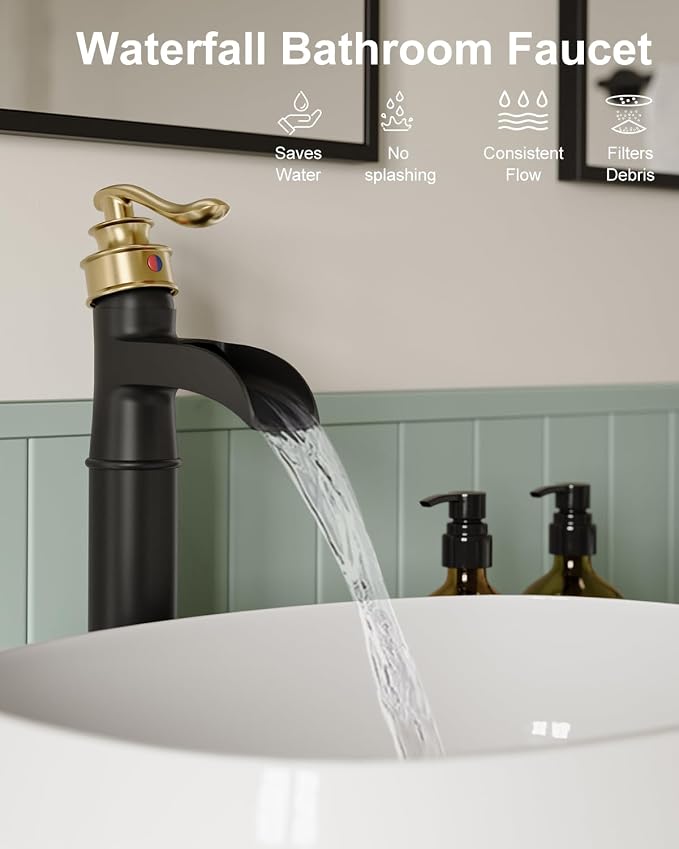 Waterfall Vessel Sink Faucet Black and Gold Bathroom Faucet 1 Hole