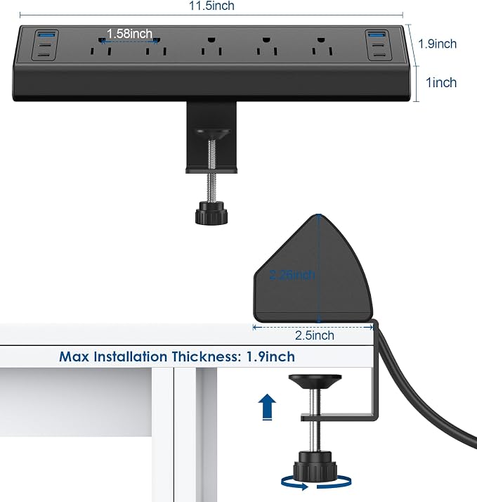 Desk Clamp Power Strip USB C, Under Desk Mount Power Station, 20W Fast Charging