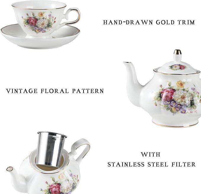 Sweejar Porcelain Tea Set Vintage Floral, British Relief Gold Rim Teapot Cup
