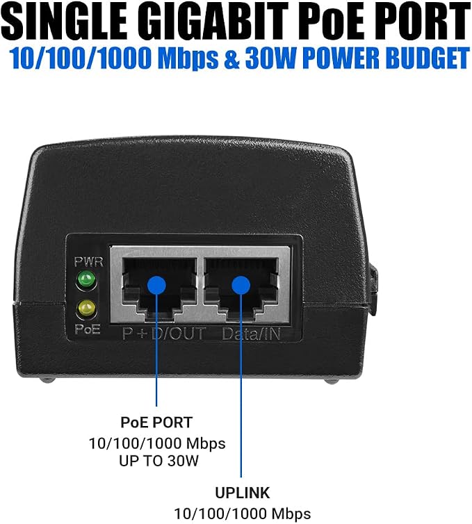 BV-Tech Gigabit Power Over Ethernet PoE+ Injector | 30W | Plug & Play | up to