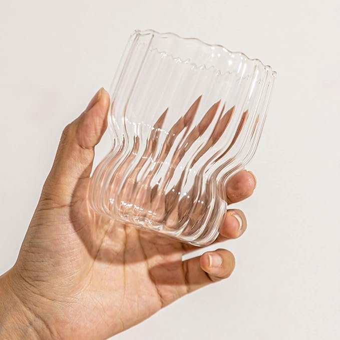 MANMAOHE 10 Oz Ribbed Glass Cups Set of 2 Creative Wavy Drinking Glasses