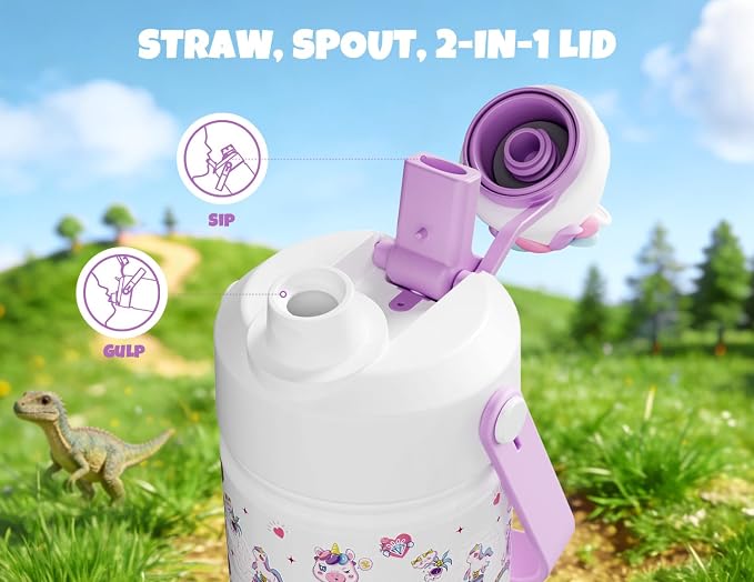 POWCAN Kids Water Bottle for School: 2-in-1 Straw Spout Lid